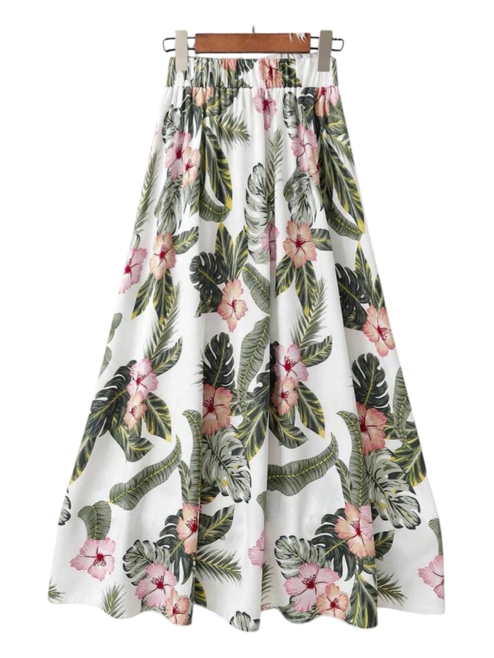 SHEIN White Tropical Floral A-Line Maxi Skirt with Pink & Green Print